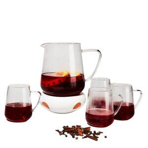 Litton Mulled Wine Set Glass and Porcelain 46oz Pitcher 4 Mugs Cocoa Tea Coffee